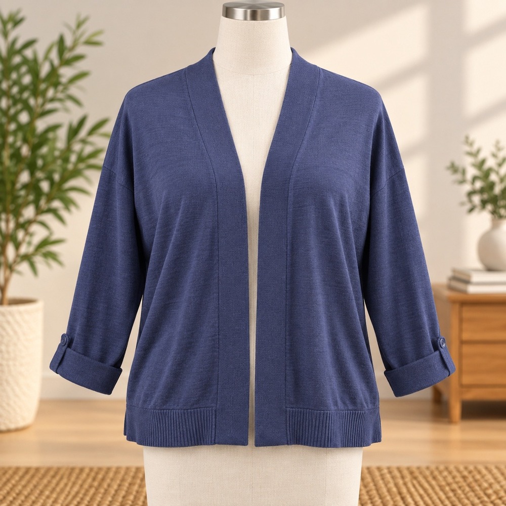 Faded Glory Cardigan Sweater Womens L 12-14 Navy Blue Open Front Rayon Blend